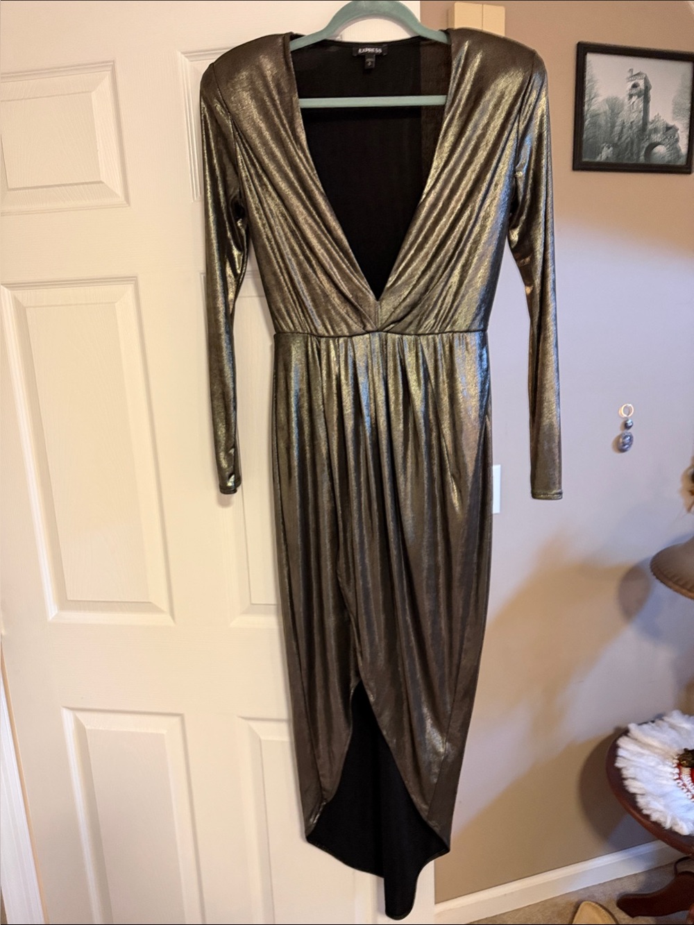 Express Metallic Bronze Long Sleeve Deep V Wrap Dress